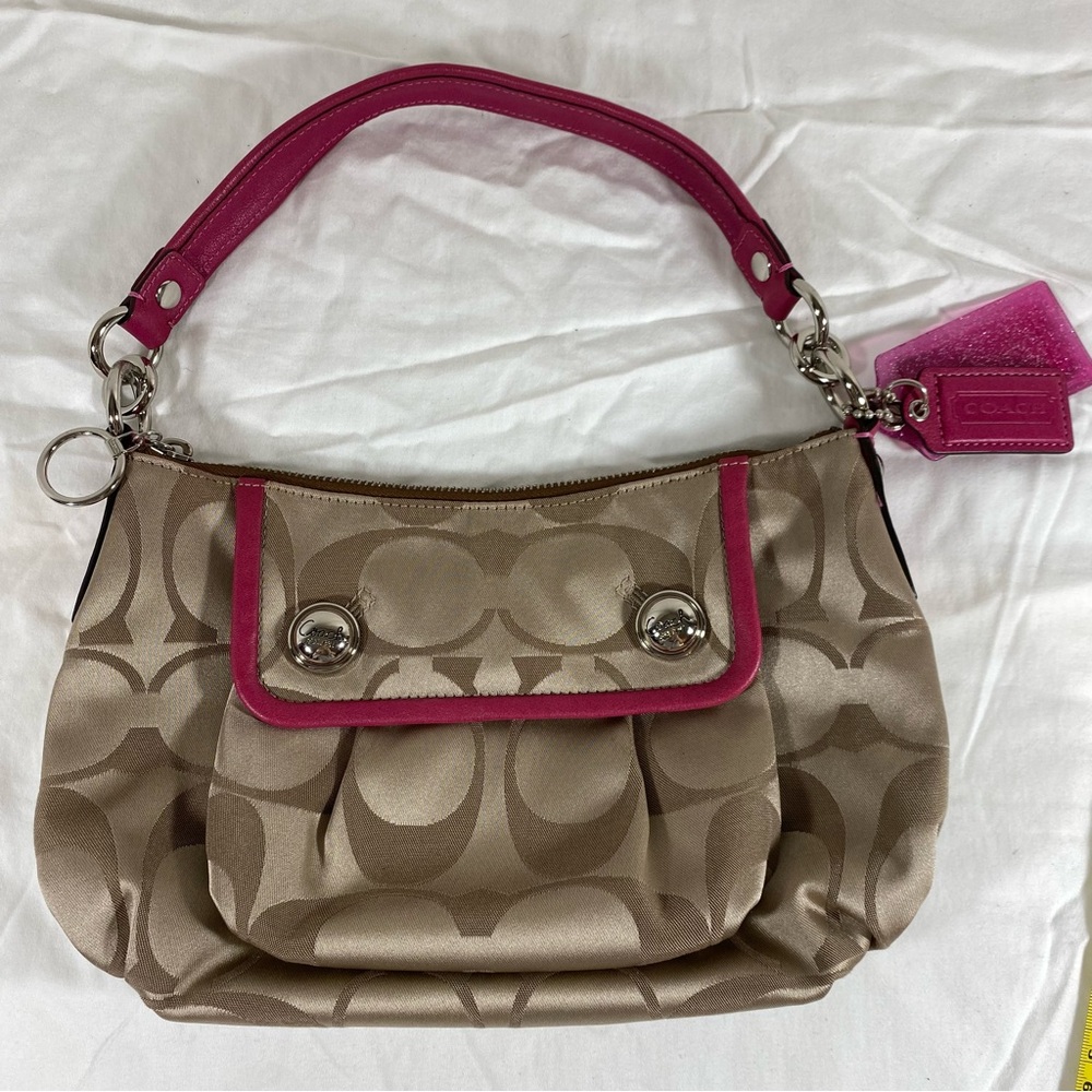 Coach Signature Poppy Tan and Magenta Shoulder Bag